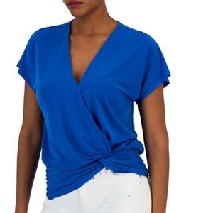 Royal blue Faux-wrap knot-hem top
